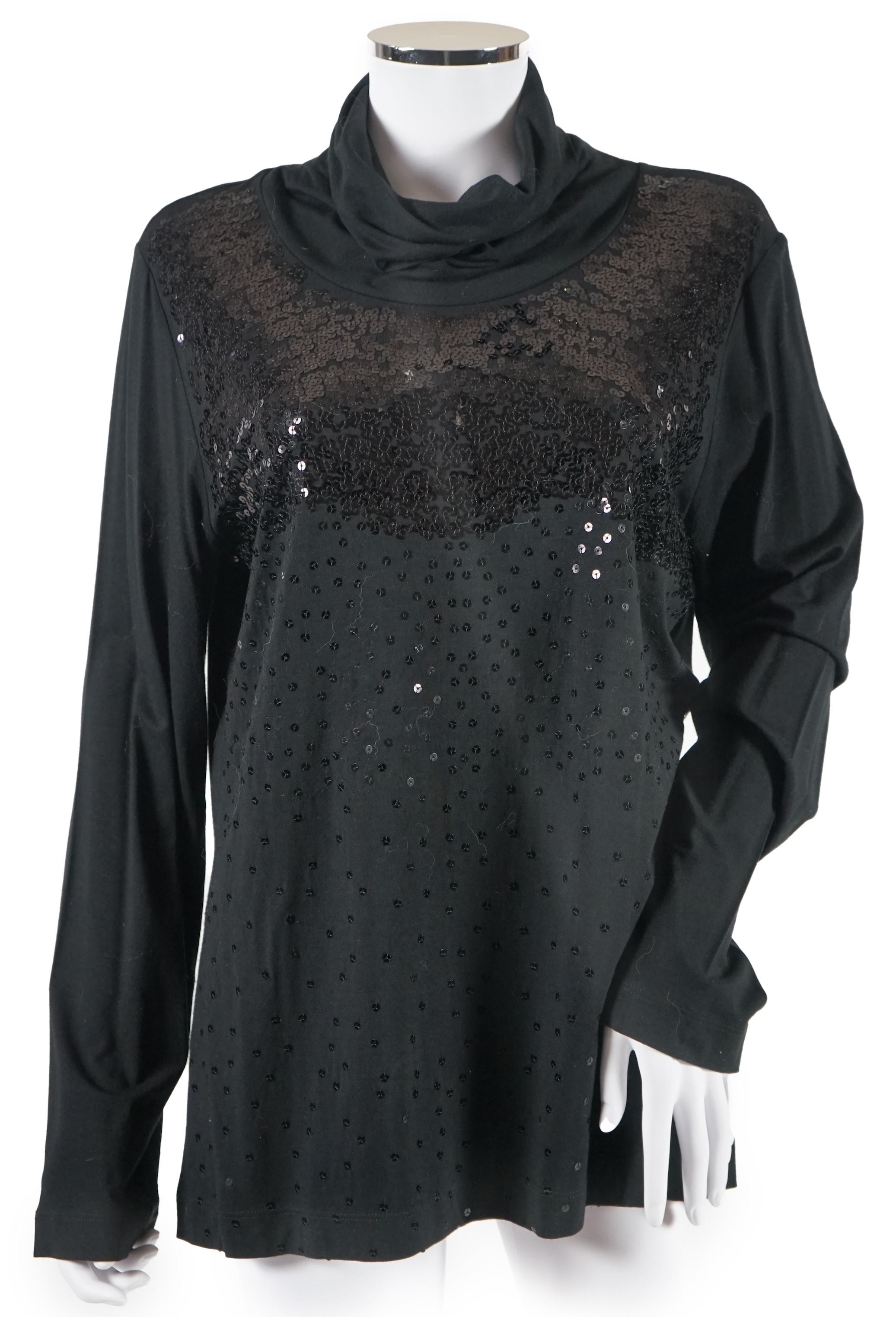 A selection of lady's evening tops and jackets, all black with sequin embellishments, six pieces in total. Proceeds to Happy Paws Puppy Rescue